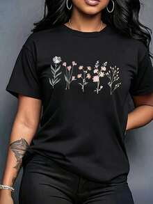 K, Local Spring/Summer Urban Fashion. Women's Blouses, Women's T-Shirts. 180g (S-XXXL) Women's Oversized T-Shirt "Poppy Flowers" - Dark Gray With Vintage Floral Print And Inspirational Phrase - -1 - 查看 1