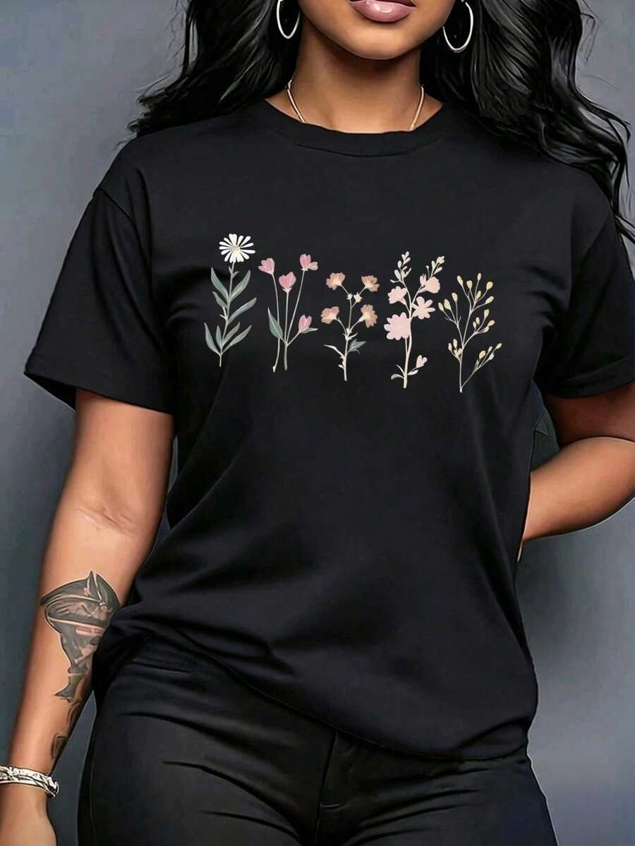 K, Local Spring/Summer Urban Fashion. Women's Blouses, Women's T-Shirts. 180g (S-XXXL) Women's Oversized T-Shirt "Poppy Flowers" - Dark Gray With Vintage Floral Print And Inspirational Phrase - -1 - 查看 1