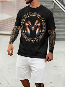 Men's Oversized Logo Graphic Print Short Sleeve Black Cotton T-Shirt - Casual Henley Neck Summer Tee with Retro Graphic, Machine Washable Shirt for Casual Wear, Gym & Everyday Comfort - Negro - Ver 1