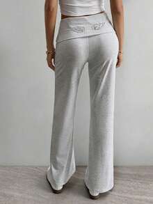 Y2K Style Solid Color Straight Knit Pants, Sequin Pattern On Back, Casual Homewear & Streetwear - Ash - View 4