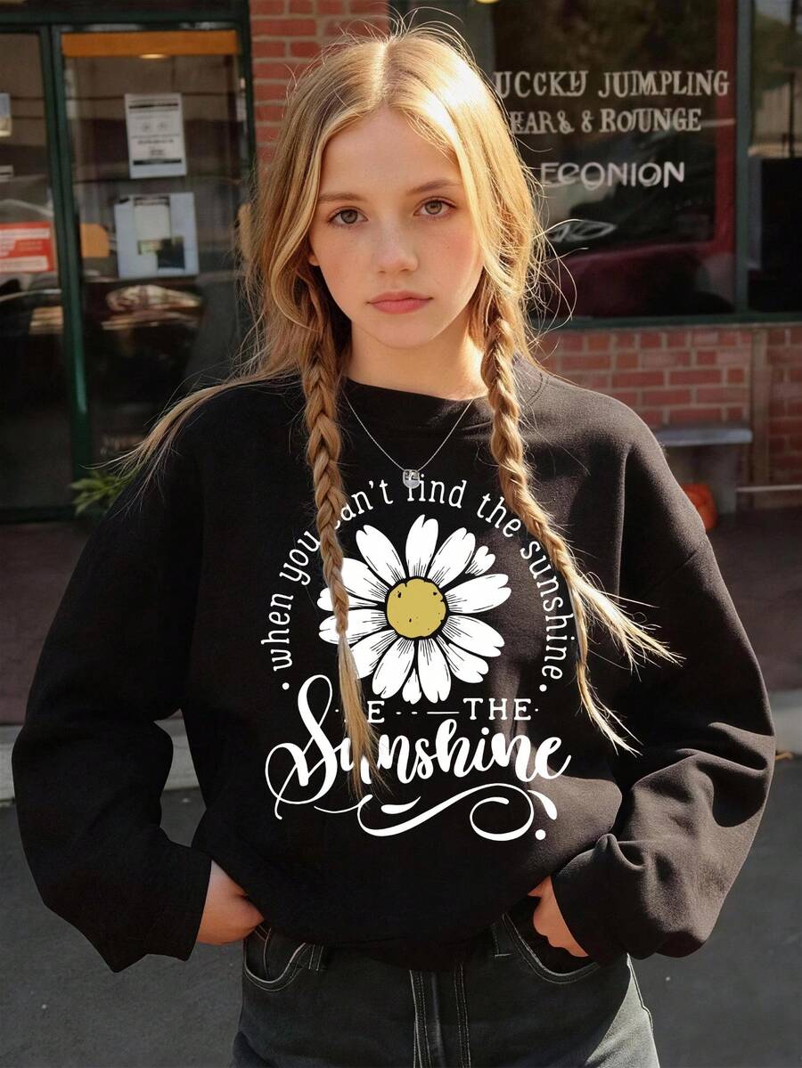 1pc. This Fashion Street Style Black Crew Neck Sweatshirt Designed For Tween Boys, Decorated With Cute Daisy Patterns, In Spring And Autumn. - Black - View 1