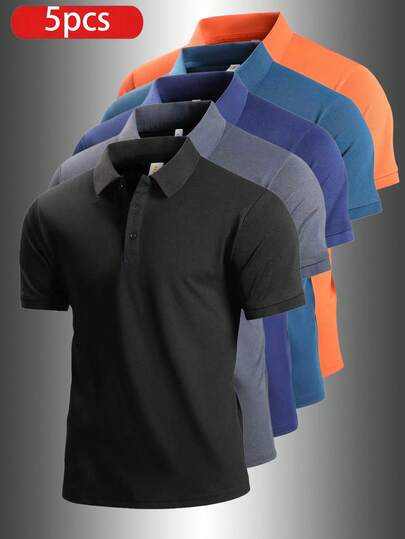 Boyfriend Style 5pcs Men's Summer Lightweight Breathable Running Fitness Sports Casual Short Sleeve POLO Shirt T-Shirt