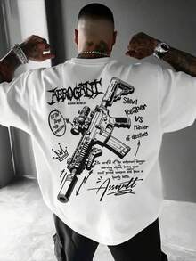 Printed T-Shirt, Cotton T-Shirts With Graphic Design, Plus Size, Cartoon Crew Neck, Short Sleeve, Short Sleeve T-Shirt With Gun And English Print, Neck - Black - View 1