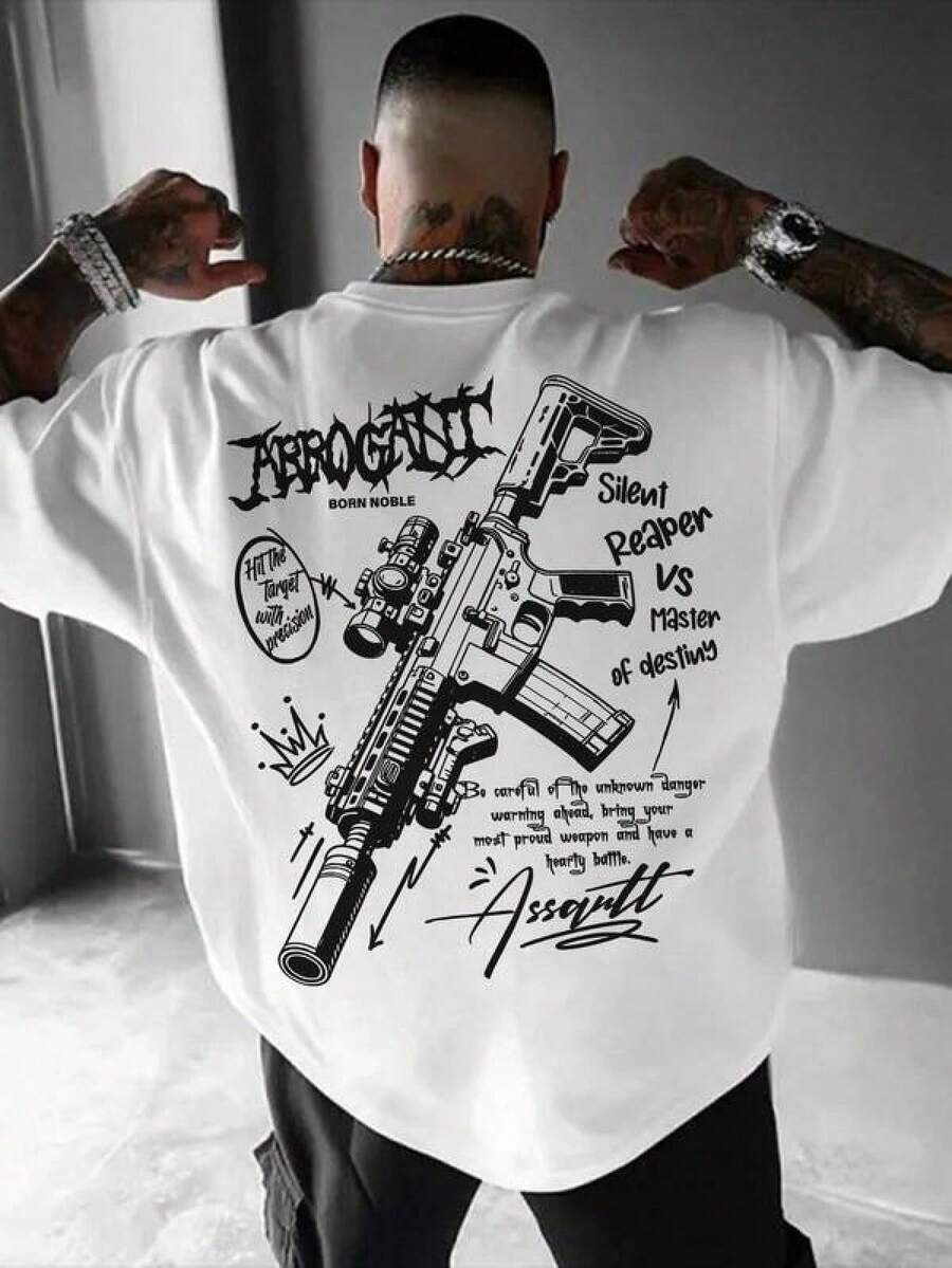 Printed T-Shirt, Cotton T-Shirts With Graphic Design, Plus Size, Cartoon Crew Neck, Short Sleeve, Short Sleeve T-Shirt With Gun And English Print, Neck - Black - View 1