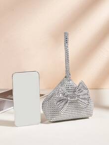 Mini bolso de mano con lazo y decoración de diamantes de imitación, elegante bolso de noche tipo clutch para vestidos formales - Plateado - Ver 2