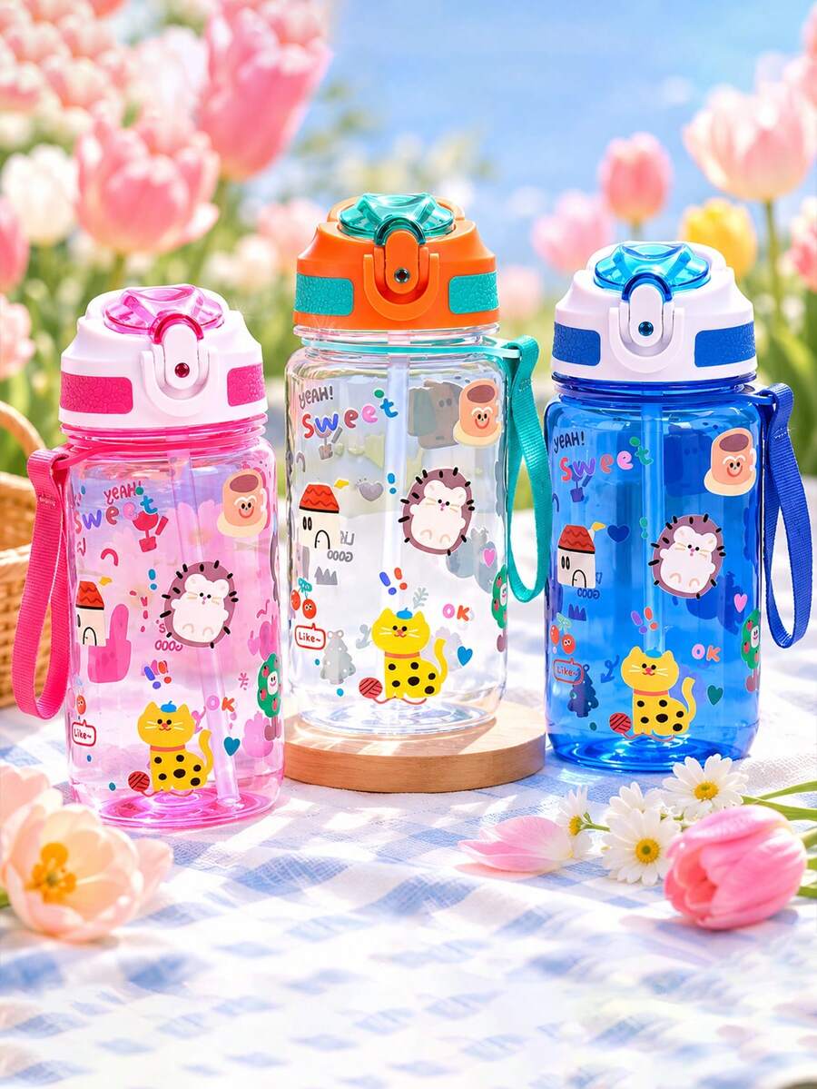 1個約600ml/19oz 3D/UV印花卡通動物圖案兒童吸管水壺,小容量運動水壺附吸管與手把,便攜防漏,輕巧耐用,附攜帶繩,方便攜帶,適合遊戲、露營、戶外運動、旅行、健身、運動、學校、日常使用,生日禮物與節日禮物的絕佳選擇 - 彩色 - 查看 1