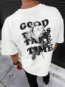 Camiseta de manga corta para hombre, con estampado floral y de letras, para primavera, verano y otoño, cómoda y casual, adecuada para salidas informales y vacaciones,% poliéster, l - Negro - Ver 11