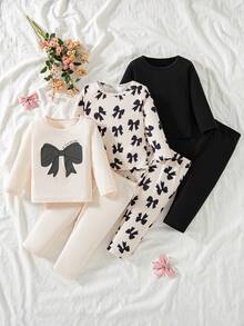 Baby Girls 6pcs Set Autumn/Winter Sweet Bow Print Baby Thermal Underwear Set - Apricot - View 2