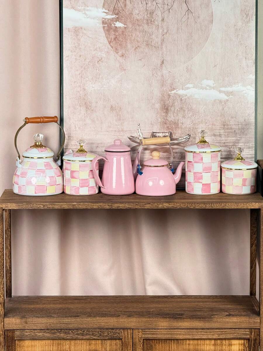 Gentle Creamy INS Style + Pink Yellow White Hand-Painted Checkerboard / Pure Pink Macaron Color Scheme + Round Teapot & Straight Storage Jar Set + Solid Wood Handle + Crystal Top Bead + Gold Rim + Even Heat Distribution, Airtight Moisture-Proof Easy To Clean + Enamel Coffee Pot Storage Jar Set + Home Coffee Brewing, Afternoon Tea Gathering, Kitchen Storage, Holiday Housewarming Gift - Multicolor - View 1