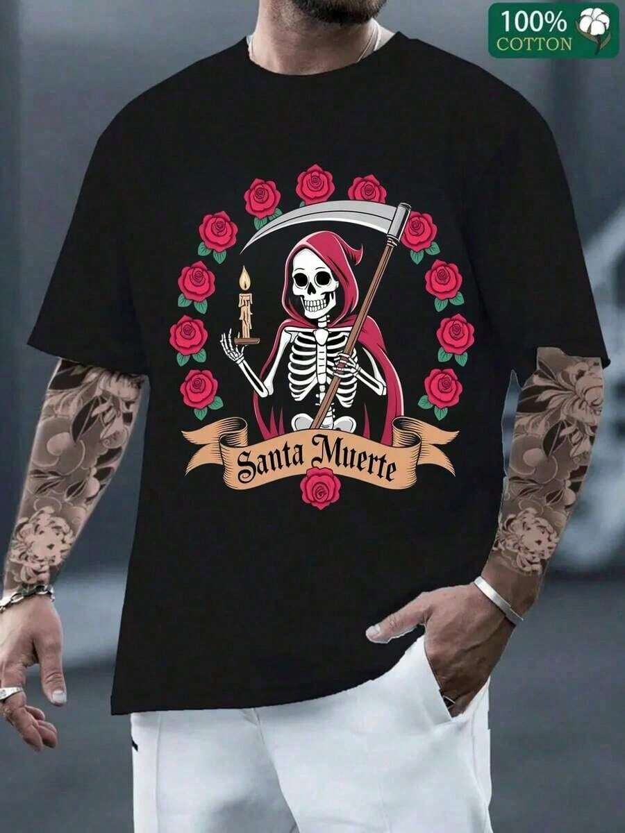 Camiseta para Hombre Santa Muerte, Estampado Calavera con Guadaña y Rosas, 100% Algodón Negro de Alta Calidad, Suave al Tacto, Ideal para Eventos Temáticos y Look Urbano, Diseño Impactante y - Negro - Ver 1