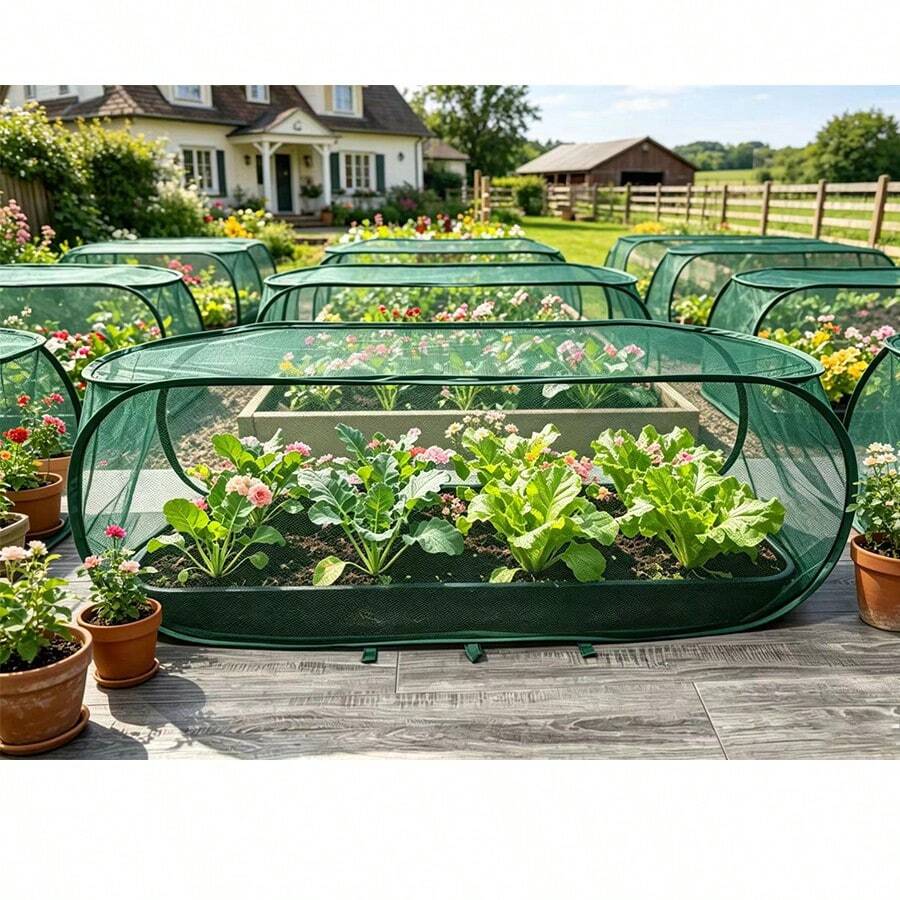 1pc New Rectangular Oval Anti-Insect & Anti-Bird Plant Cover, Foldable Large Space Home Gardening Seedling Cover, Plant & Vegetable Windproof/Sunshade Net/Cover, Portable Storage, Includes Ground Stakes To Secure Plant Cover - Rectangular Oval - View 1