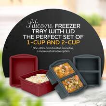 ZIP STANDING Silicone Freezer Trays With Lids, Set Of 4 - With 1cup And 2 Cup Silicone Freezer Molds Freezing Soups, Sauces And Individual Microwave - 4 Pack Grey and Red - View 3