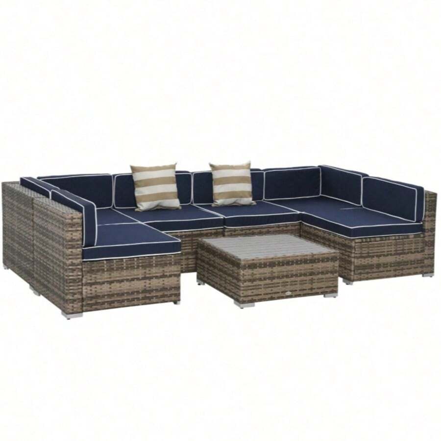 7-Piece Outdoor Wicker Patio Sofa Set, Rattan Conversation Furniture With Cushions And Table - Multicolor 29 - View 1