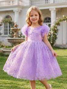 Elegantes Partykleid für Kleine Mädchen mit Lavendel-Spitze, Mesh-Stickerei, Prinzessinnenkleid geeignet als Geburtstagsgeschenk für Mädchen, für Bankette, Hochzeitszeremonien, wichtige Anlässe, Festivalfeiern, Bühnenauftritte - Violett - Übersicht 3