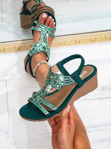 Women's Summer Vacation Style Sandals, Versatile Casual Bohemian Thick Sole Sandals, Beach Sandals Thick Sole Height-Increasing Sandals, Gentle Elegant Women's Sandals, Summer New Women's High Heel Sandals Breathable Comfortable Sandals Fashion Wedge Platform Sandals Simple Elegant Sandals, Women's Gladiator Sandals Bohemian Sandals Fashion Colorblock Sandals Women's Summer New Beach Essential Sandals - Green - View 13