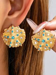 1 Pair Vintage Gilded Shell & Starfish Inlaid Blue Diamond Ocean Style Earrings - Mint Blue - View 6