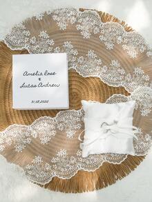 1pc Personalized Name & Date Ring Pillow With Box, Customized Elegant White Ring Box, Customized Pleated Wedding Ring Pillow With Bow, Elegant Tulle Pleats, Suitable For Engagement, Proposal, Anniversary Ceremony And Gifts - White - View 6