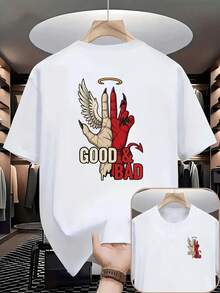 Men's Reversible T-Shirt With Angel And Demon Design - Short Sleeve, Crew Neck, With An Angel/Demon Pattern On The Back, Featuring A Good And Evil Theme, Suitable For - 白色 - 查看 2