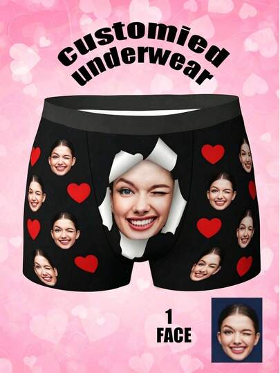 1 pieza Calzoncillos bóxer para hombre con estampado personalizado de foto de cara, patrón de corazón rojo sobre fondo azul marino, suaves, de alta elasticidad, transpirables y cómodos, diseño creativo, regalo para novio, regalo para adultos, ropa interior personalizada divertida, aptos para uso diario, Día de San Valentín, aniversario, cumpleaños, luna de miel, regalo ideal para novio, esposo, prometido, amante, pareja