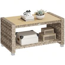 Outsunny Outdoor Coffee Table With Storage Shelf, PE Rattan Side Table With Slatted Top And Foot Pads For Patio, Garden, Balcony, 90 X 50 X 45 Cm, Light Brown - Mocha Brown - View 9