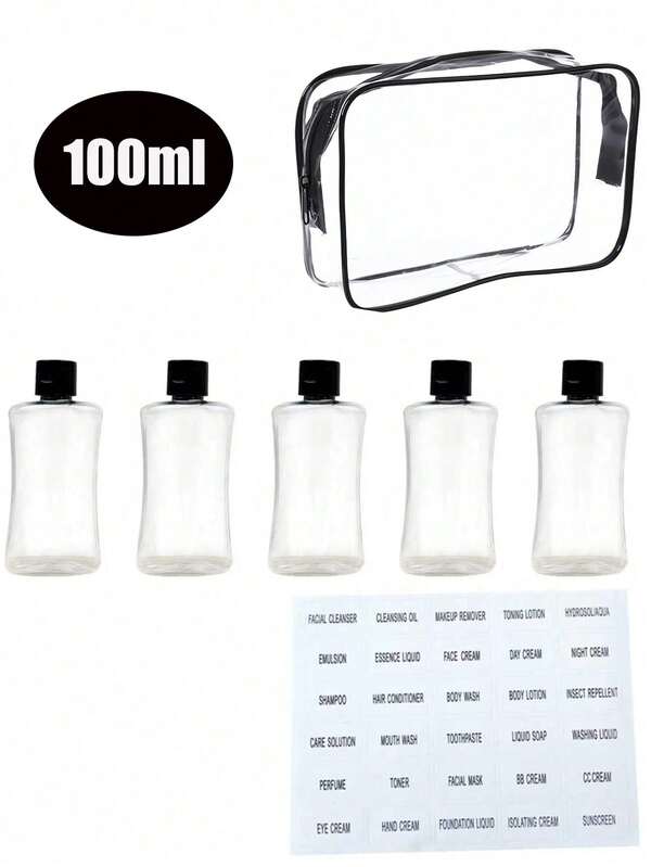 High-Quality 6/5-Piece Set Of 100ml Flat-Top Flip-Top Leak-Proof Travel Spray Bottles, Cosmetic Bottles, And Storage Bottles. Equipped With A Transparent Storage Bag And Label, They Can Be Used To Store Shampoo, Lotion And Cosmetics. Reusable