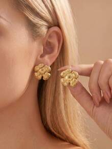 Chunky Striped Texture BIG Flower Stud Earrings For Women Grils, Jewelry | Summer Boho Beach Jewelry Unique Design Earrings - Gold - View 2