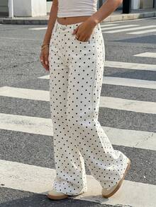 Women's Cute Polka Dot Straight Leg Jeans, Casual Long Pants, Button And Zipper Detail Design, Non-Stretch Fabric - White - View 7