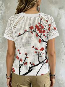 ADFHP Women's Plum Blossom Print Openwork Knit Short Sleeve Top, Casual Crew Neck Spring Summer Daily Wear - Multicolor - View 3