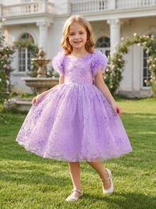 Elegantes Partykleid für Kleine Mädchen mit Lavendel-Spitze, Mesh-Stickerei, Prinzessinnenkleid geeignet als Geburtstagsgeschenk für Mädchen, für Bankette, Hochzeitszeremonien, wichtige Anlässe, Festivalfeiern, Bühnenauftritte - Violett - Übersicht 1