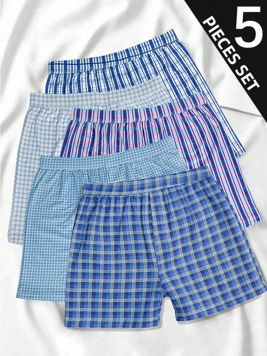 5-Piece Men's Underwear, Soft And Comfortable Checkered Pattern Design Loose Shorts, With Button Placket, Suitable For Daily Wear And Vacation