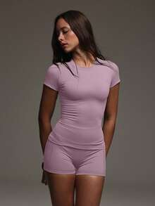PinkTip Basic Top And Shorts Set, High-Waisted Loose Fit, Casual And Fitness Essential Item For Summer Sports - Pink - View 9