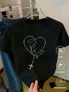 Playera Negra Mujer con Estampado de Corazón de Cuentas, Virgen y Cruz – Camiseta Cómoda y Transpirable de Moda Religiosa y Estilo Espiritual - Negro - Ver 1