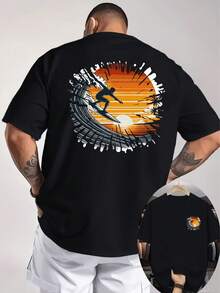 Camiseta de hombre con estampado de doble cara de ola de surf al atardecer, estilo vacaciones de surf, adecuada para ocio en la playa y ropa de surf, talla. - Negro - Ver 1
