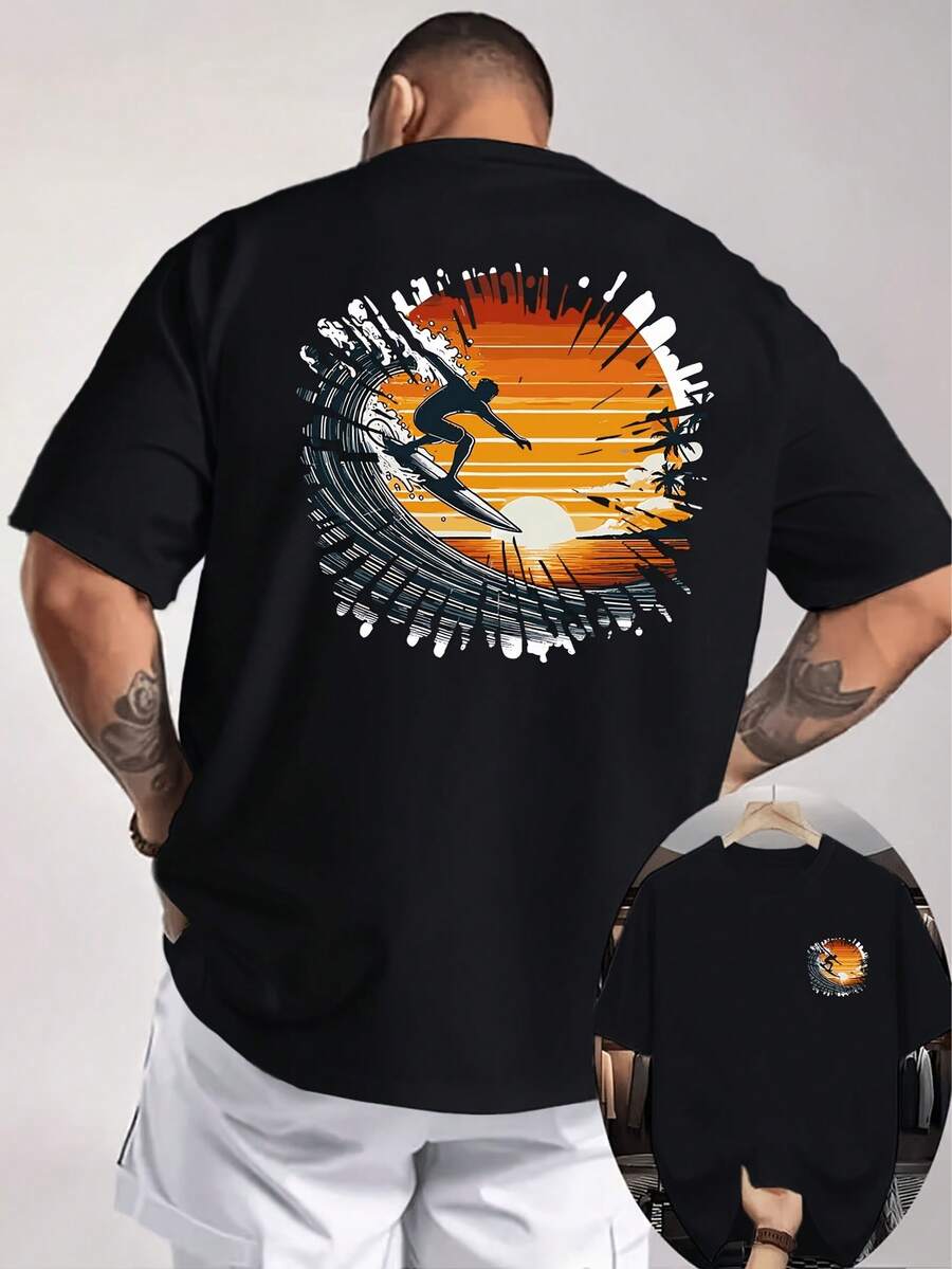 Camiseta de hombre con estampado de doble cara de ola de surf al atardecer, estilo vacaciones de surf, adecuada para ocio en la playa y ropa de surf, talla. - Negro - Ver 1