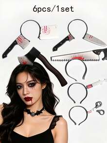 1pc/6pcs Halloween Horror Headband Set With Realistic Axe, Knife, Saw, Scissors And Blade Headbands, Blood Splatter Effect, Suitable For Halloween Costume, Party Pranks, Haunted House And Gothic Style - Halloween Headband - View 12