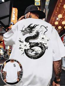 Men's Double-Sided Floral And Dragon Print T-Shirt - Ideal For Family Gatherings, Corporate Team-Building Gifts; Short-Sleeve Vacation-Style T-Shirt - 白色 - 查看 1