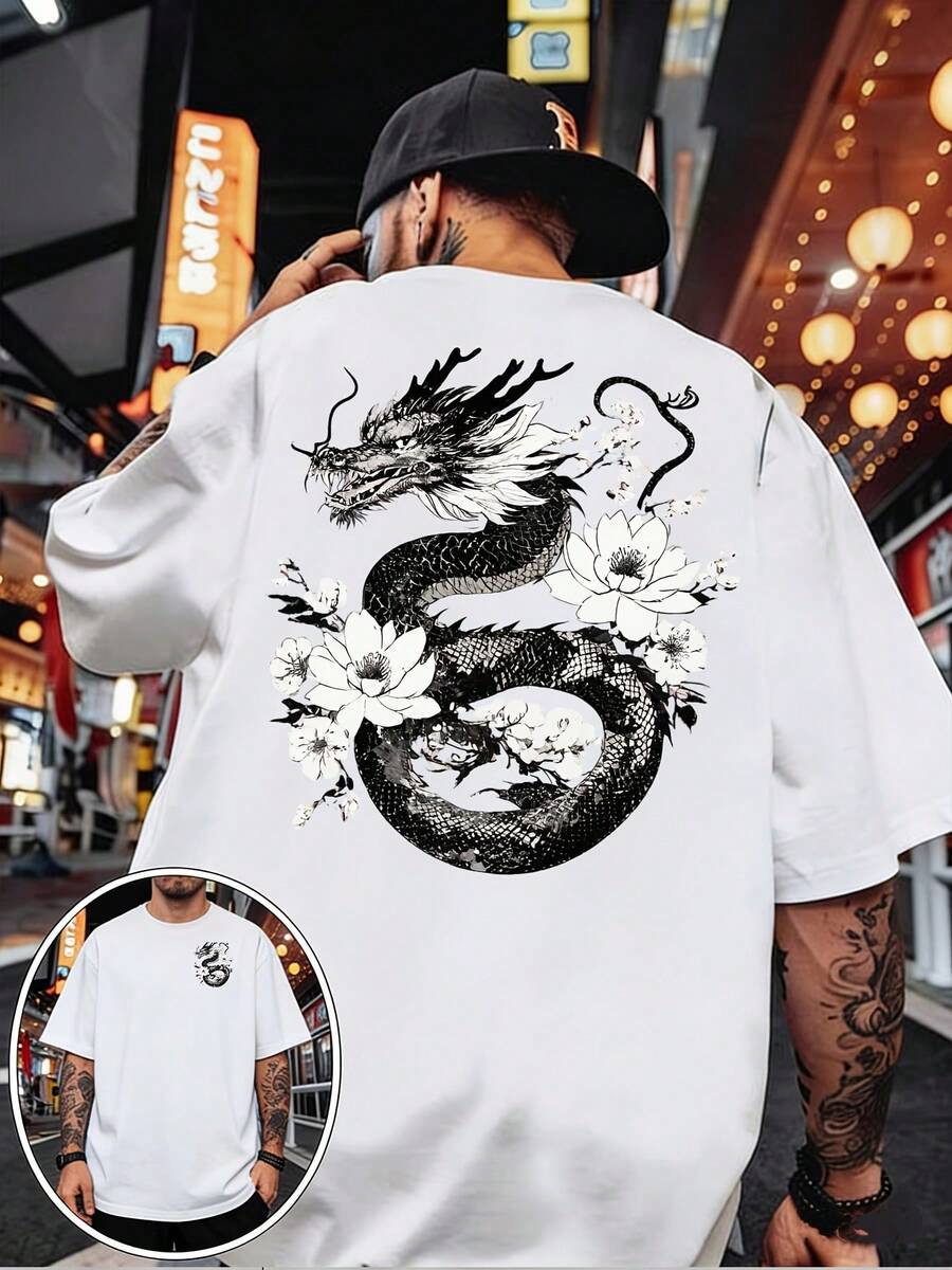 Men's Double-Sided Floral And Dragon Print T-Shirt - Ideal For Family Gatherings, Corporate Team-Building Gifts; Short-Sleeve Vacation-Style T-Shirt - 白色 - 查看 1