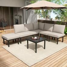Set Of 6 Garden Lounge Chairs With Galvanized Iron Frame, Beige Braided Rope, Adjustable Feet And Smooth Glass Top. Seat And Back Cushions Included. - Beige - View 5