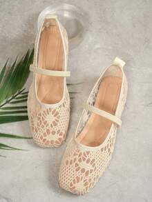 Spring/Summer Lace Mesh Women's Flat Square Toe Hollow Out Ballet Shoes With Single Strap, Breathable Casual Commuter Shoes - White - View 5