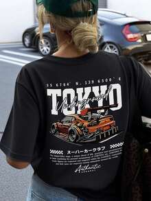Short-Sleeved T-Shirt With A Round Neck, Minimalist And Fashionable Style, With A Fun Racing Car Print, Versatile And Suitable For Women, White Color - Black - View 1