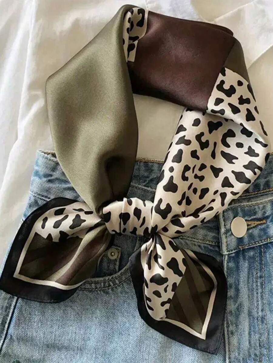 1 pièce Foulard carré chic imprimé léopard, châle, décoration de sac, accessoire indispensable pour fête et voyage, printemps-été, nouveau pour femmes - Vert sapin - Voir 1