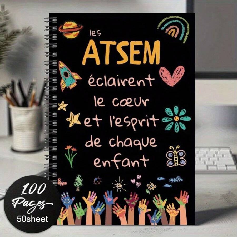 精緻法式 ATSEM 感謝筆記本-黑色螺旋裝訂,100 頁,彩色教育設計,含手印、花卉與勵志金句-適合教師、退休、畢業或生日禮物 - J - 查看 1