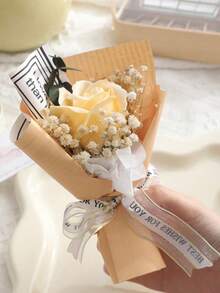 1 Bouquet Mini Artificial Flower Arrangement, Includes 1 Artificial Rose And 1 Bunch Of Baby's Breath, Wrapped In Paper. Suitable As Birthday Or Anniversary Gift For Mom, Girlfriend, Boyfriend And Friends, Mother's Day Gift, Valentine's Day Gift, Wedding Favor, Home Or Desk Decoration, And Birthday Gift For Women. - Champagne - View 2