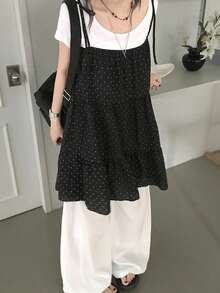 Tank Top Camisole Kasual Wanita Motif Polkadot dengan Hem Berkerut, Warna Hitam, untuk Musim Panas - Hitam - View 1