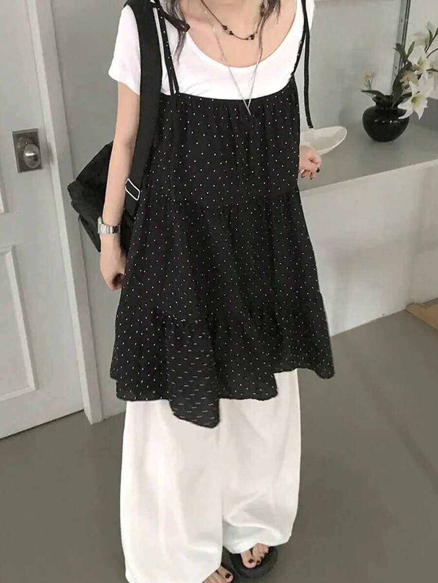 Tank Top Camisole Kasual Wanita Motif Polkadot dengan Hem Berkerut, Warna Hitam, untuk Musim Panas - Hitam - View 1