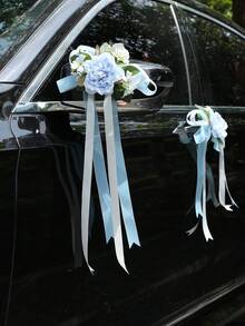 6枝玫瑰花后视镜装饰、婚车花、婚礼场地装饰、楼梯扶手、走廊门把手、蝴蝶结丝带玫瑰装饰 - 彩色 - 查看 4