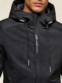 AHTELB Spring/Autumn Men's Solid Color Hooded Sports Jacket, Soft Comfortable Skin-Friendly, Anti-Theft Zipper Design, Printed Design, Suitable For Daily Outdoor Casual Sports Wear - Black - View 4