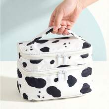 1pc Korean Style Cow Print Layered Makeup Bag, Dual Zipper Large Capacity Handheld Storage Box, Student Travel Portable Skincare Organizer Bag, Black And White Spotted Design - Multicolor - View 3
