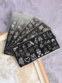 5 pièces plaque de transfert en acier pour nail art, motif graffiti dessin animé univers, papeterie, gabarit d'impression pour ongles, outils DIY pour nail art - Argent - Voir 2