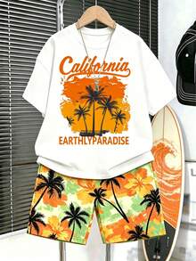 2pcs/Set Pakaian Kasual Liburan Anak Laki-laki, Kaos Lengan Pendek Leher Bulat Motif Huruf California dan Celana Pendek Longgar yang Nyaman, Musim Semi/Panas - Putih - View 2